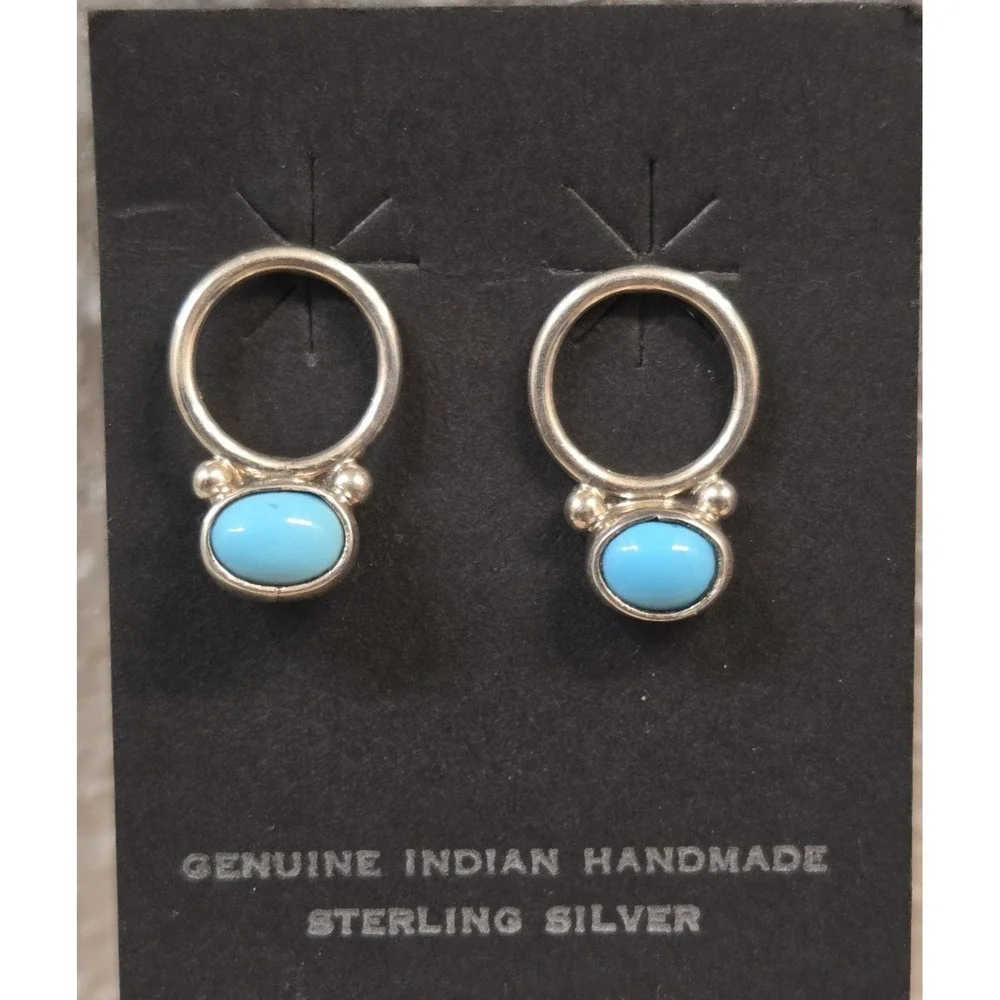 Genuine Native American Sterling Silver & Turquoise Door Knocker Dangle Earrings
